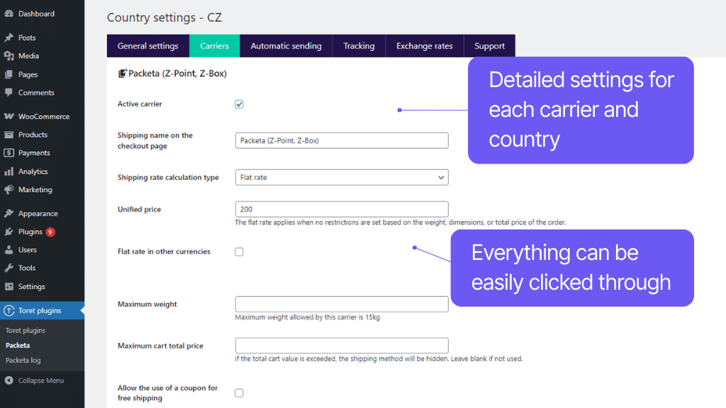 Toret plugin WooCommerce Packeta - carrier settings