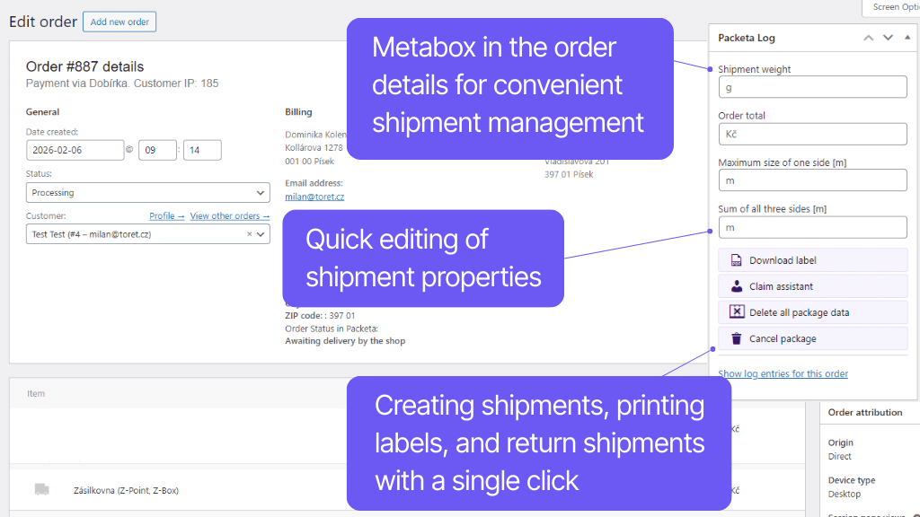 Toret plugin WooCommerce Packeta - features in order detail