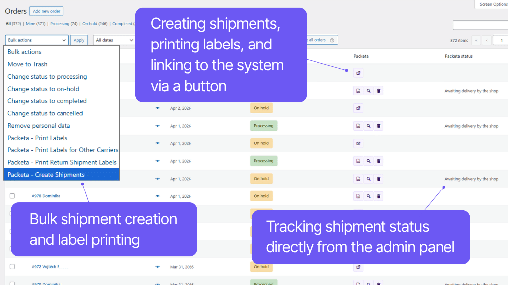 Toret plugin WooCommerce Packeta - features in order overview