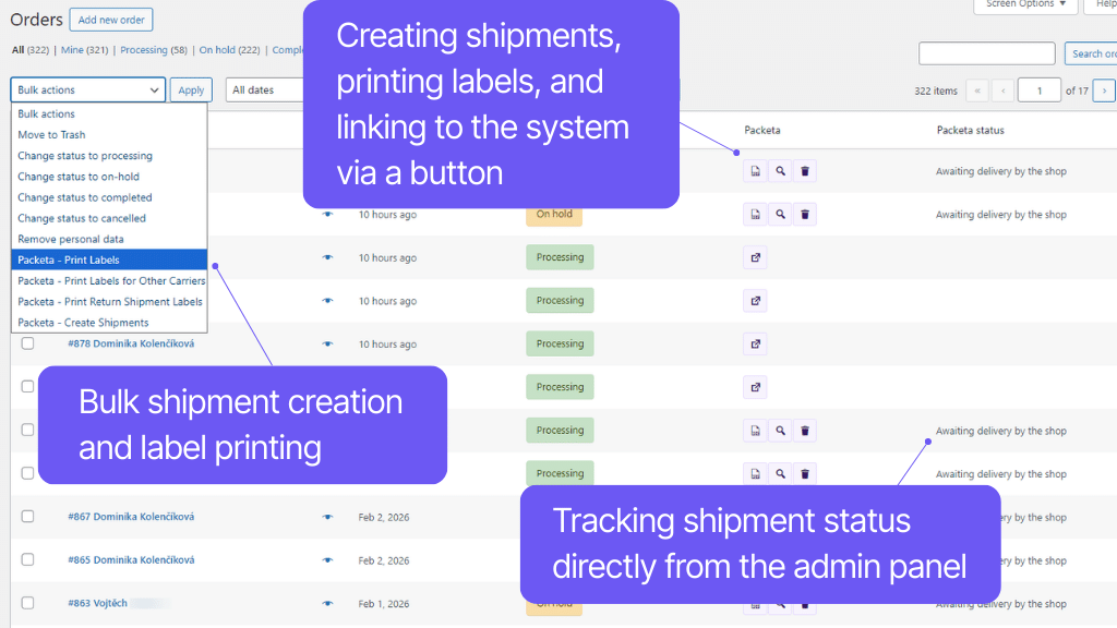 Toret plugin WooCommerce Packeta - features in order overview