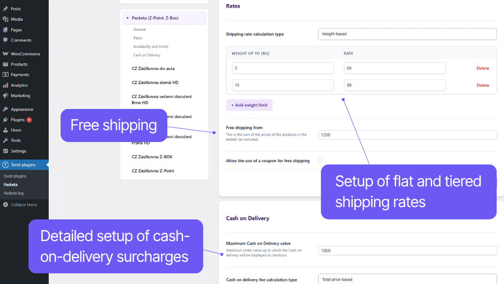 Toret plugin WooCommerce Packeta - rates settings