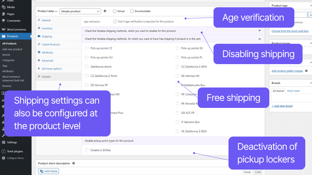 Toret plugin WooCommerce Packeta - shipping settings at product level