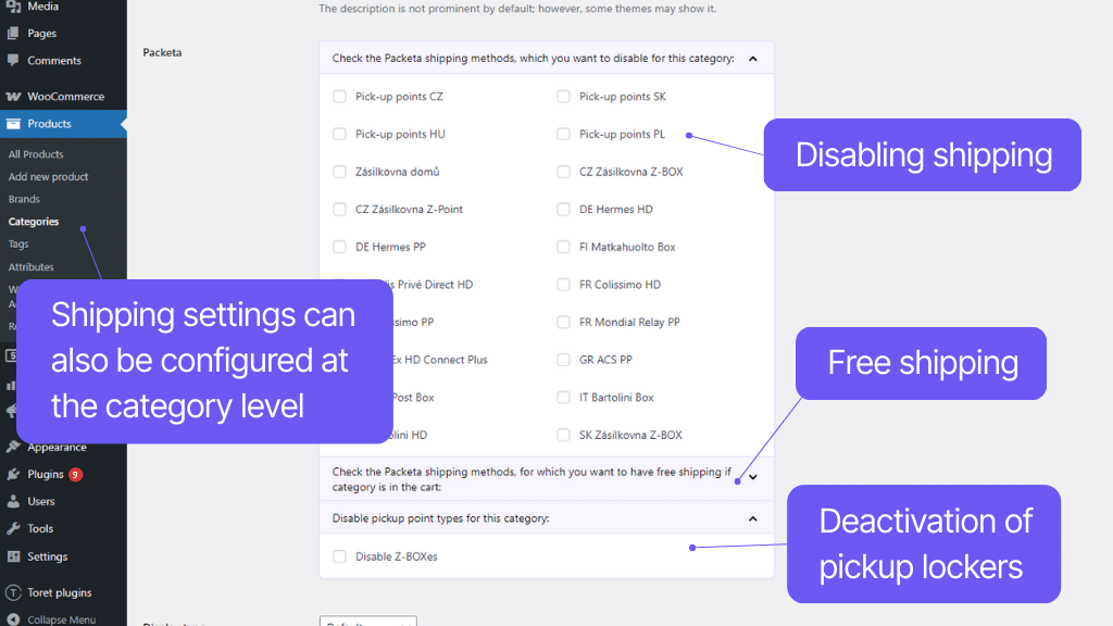 Toret plugin WooCommerce Packeta - shipping settings for categories
