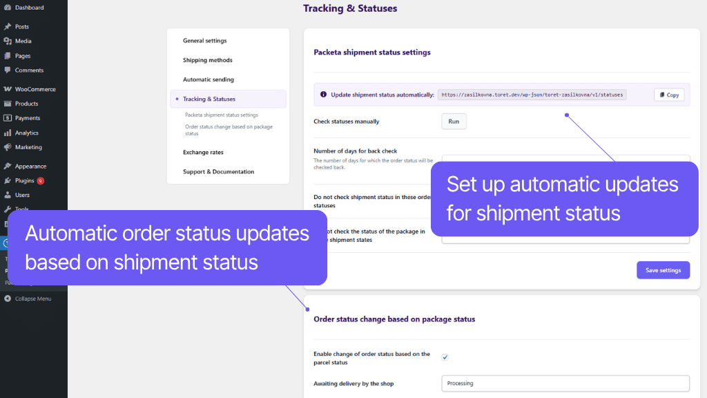 Toret plugin WooCommerce Packeta - tracking and statuses settings