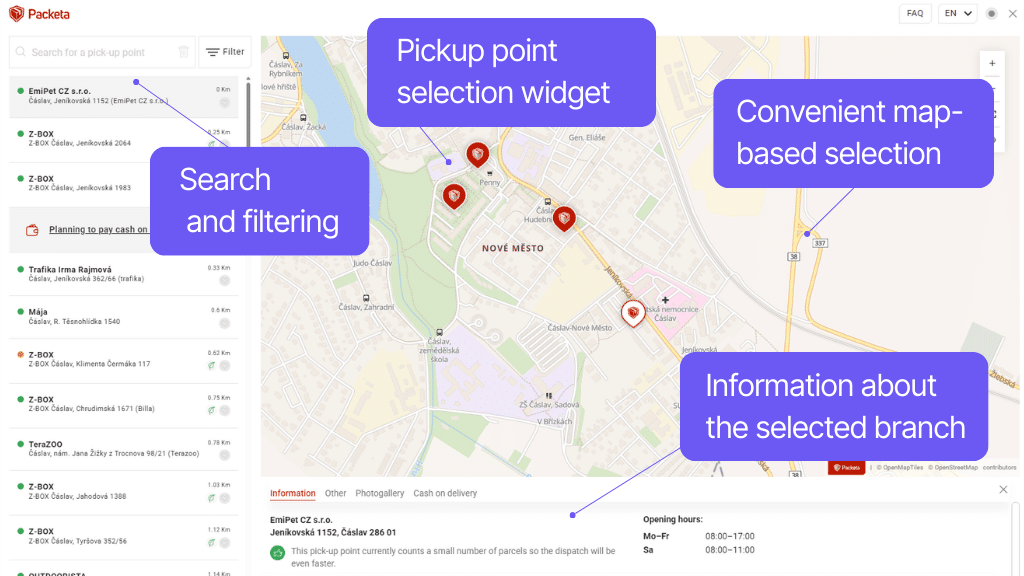 Toret plugin WooCommerce Packeta - widget for pickup point selection