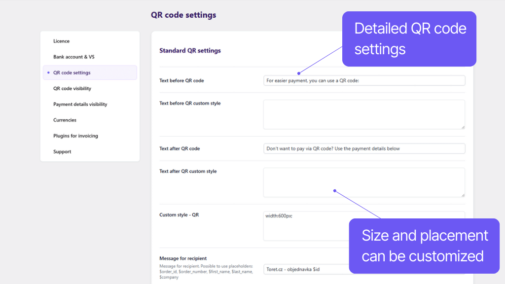 WooCommerce QR Codes plugin - QR code settings