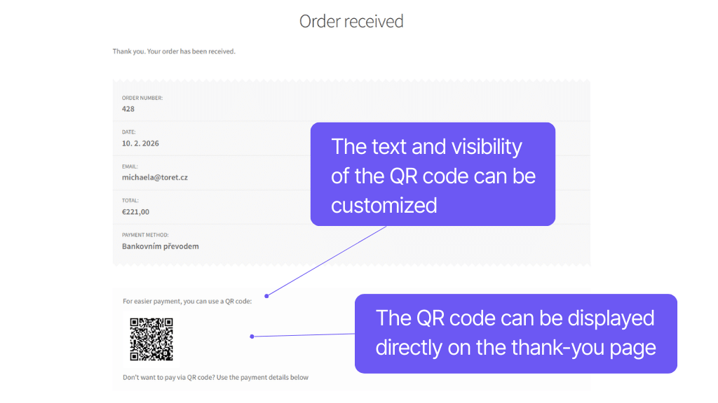 WooCommerce QR Codes plugin - display on thank you page