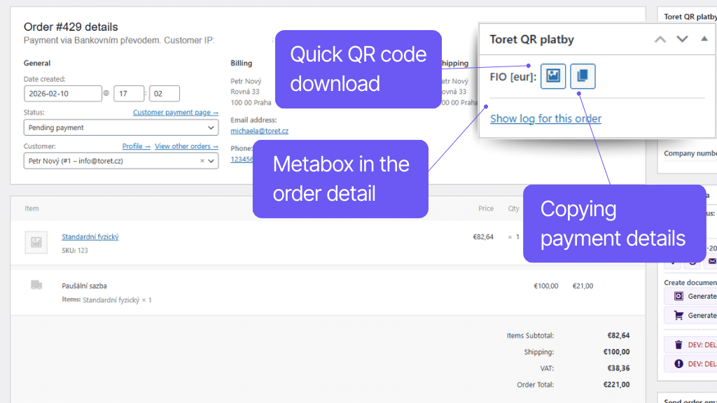 WooCommerce QR Codes plugin - functions in order detail