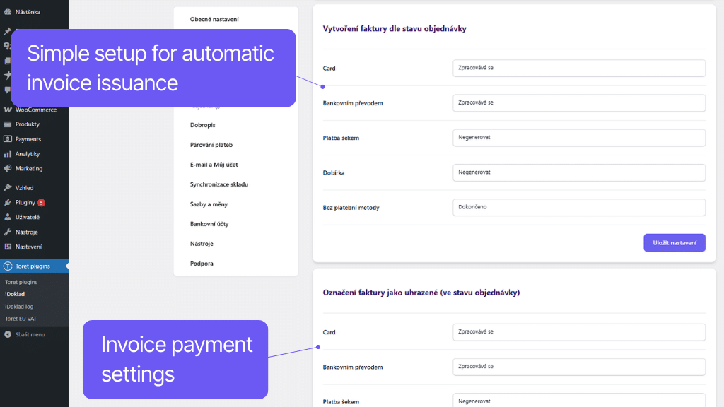 WooCommerce iDoklad plugin - automatic invoice issuing settings