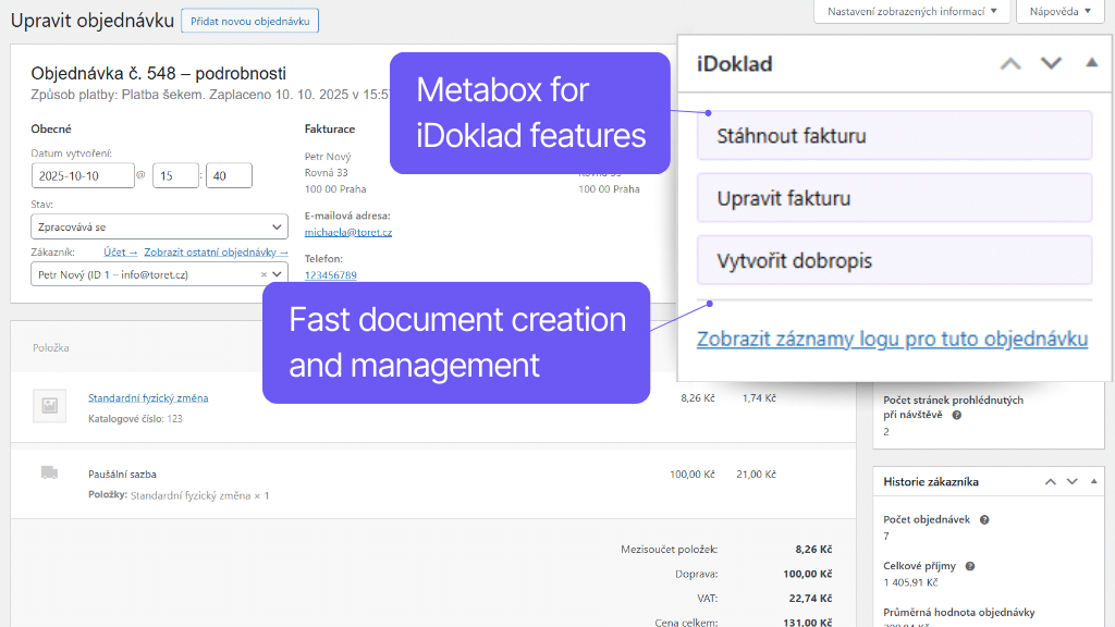 WooCommerce iDoklad plugin - features in order detail