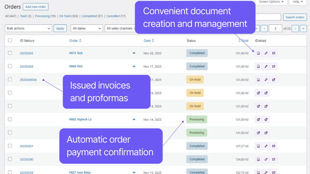 WooCommerce iDoklad plugin - features in order overview