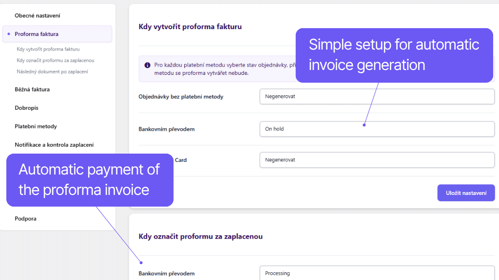 WooCommerce plugin Fakturoid - automation settings