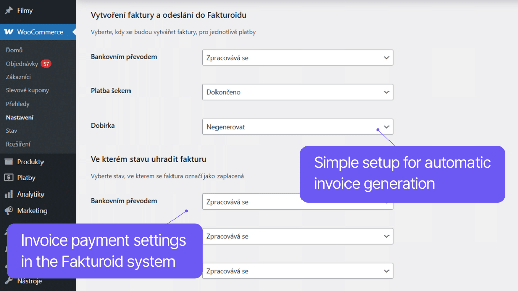 WooCommerce plugin Fakturoid - automation settings