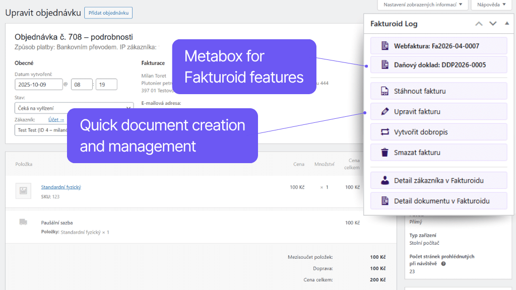 WooCommerce plugin Fakturoid - functions in order detail