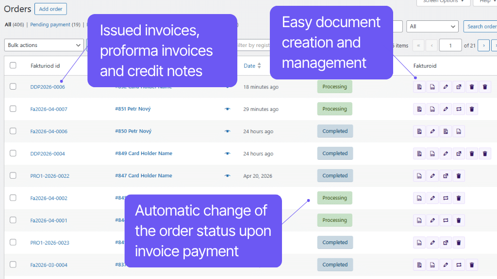 WooCommerce plugin Fakturoid - functions in order overview
