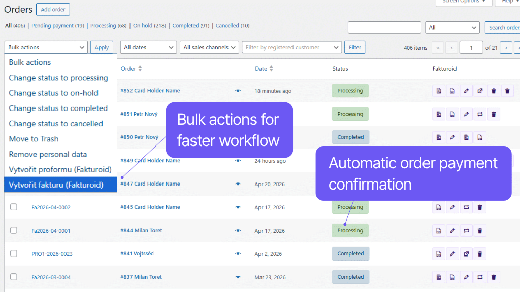 WooCommerce plugin Fakturoid - functions in order overview