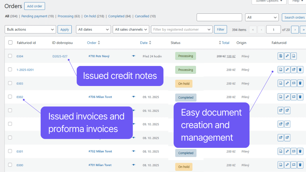 WooCommerce plugin Fakturoid - functions in order overview