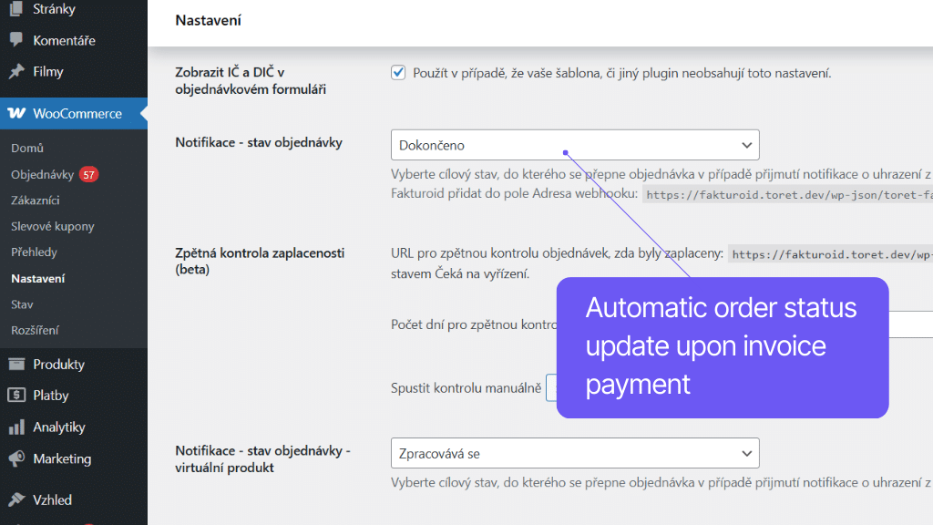 WooCommerce plugin Fakturoid - payment pairing settings