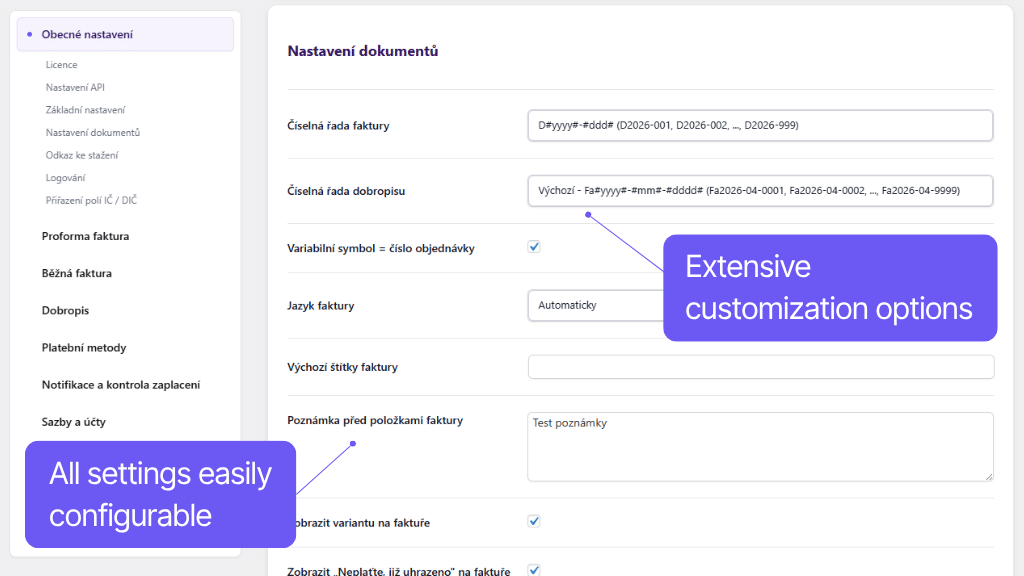 WooCommerce plugin Fakturoid - rich setting options