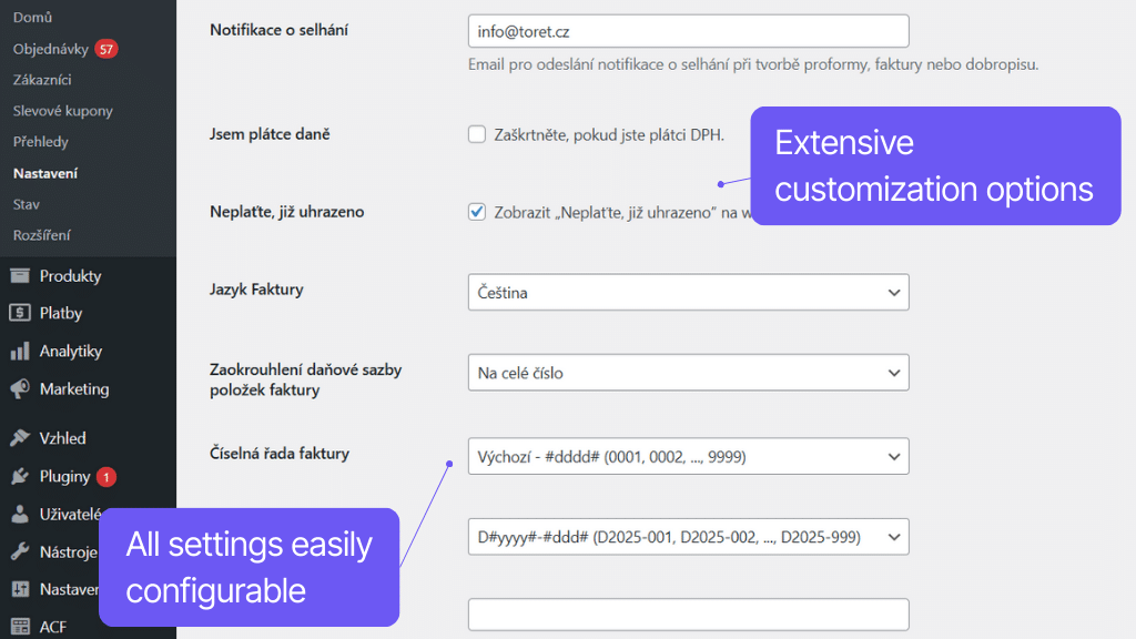 WooCommerce plugin Fakturoid - rich setting options
