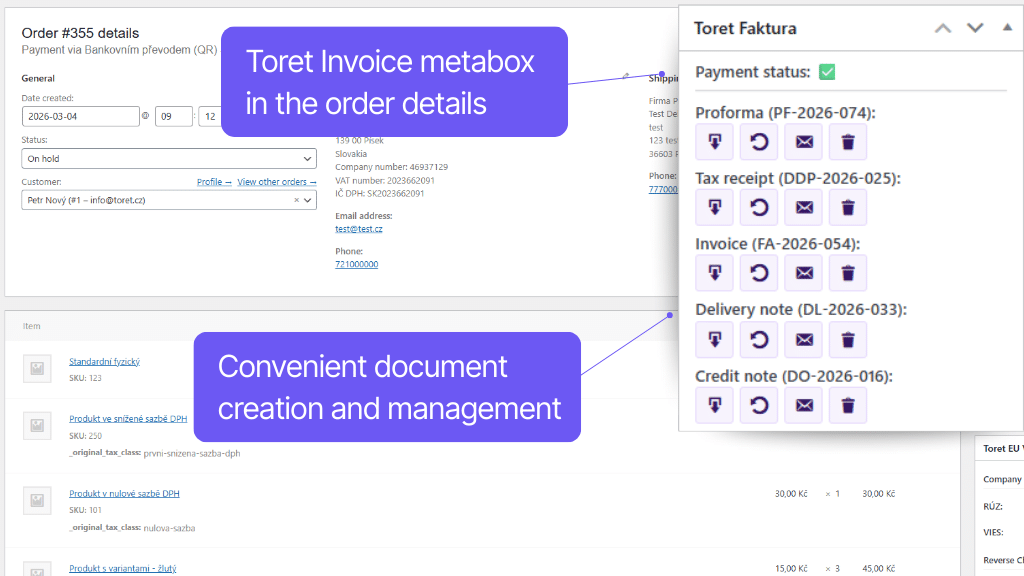 Toret Faktura - invoicing in order detail